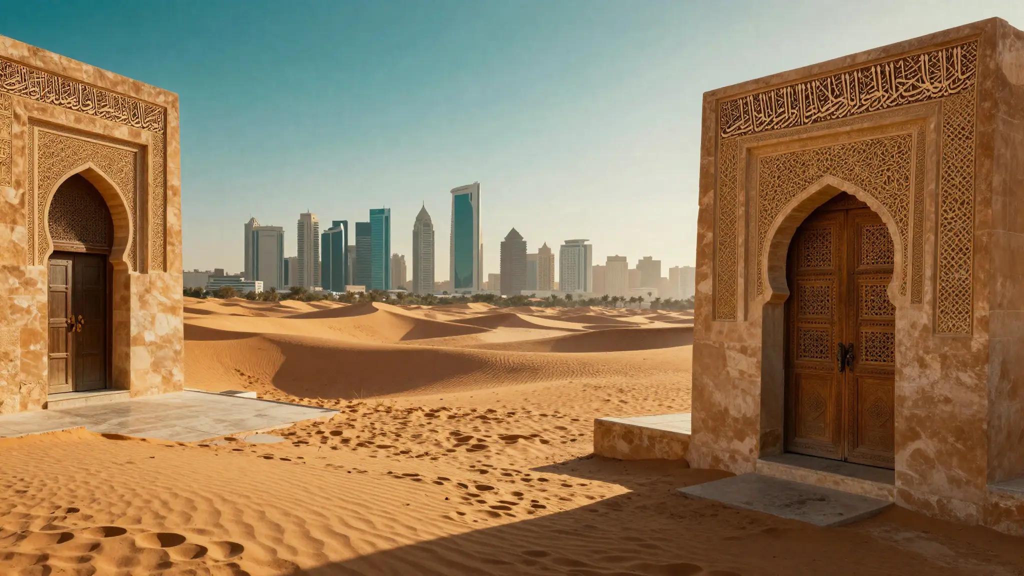 مشهد يجمع الخط العربي المنحوت والمشربيات والكثبان الصحراوية وأفق مدينة عربية حديثة يعبّر عن هوية العرب وحضارتهم